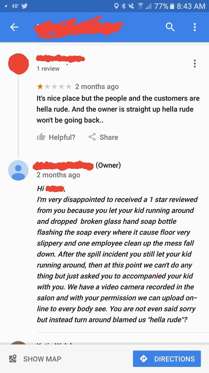 a nail salon owner responds to a 1 star review